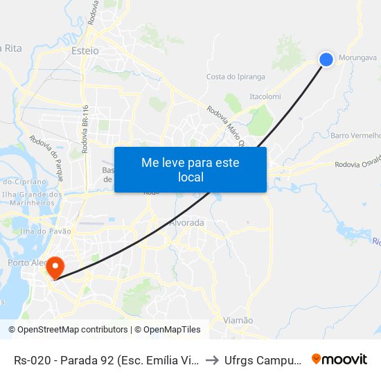 Rs-020 - Parada 92 (Esc. Emília Viega Da Rocha) to Ufrgs Campus Saúde map