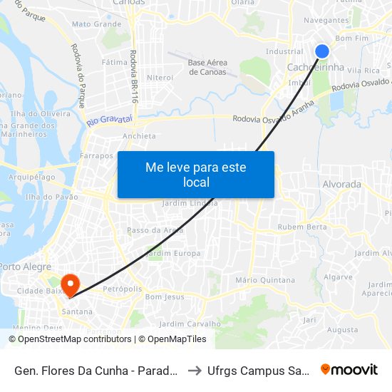 Gen. Flores Da Cunha - Parada 56 to Ufrgs Campus Saúde map