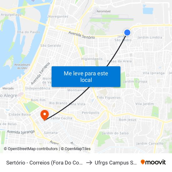 Sertório - Correios (Fora Do Corredor) to Ufrgs Campus Saúde map
