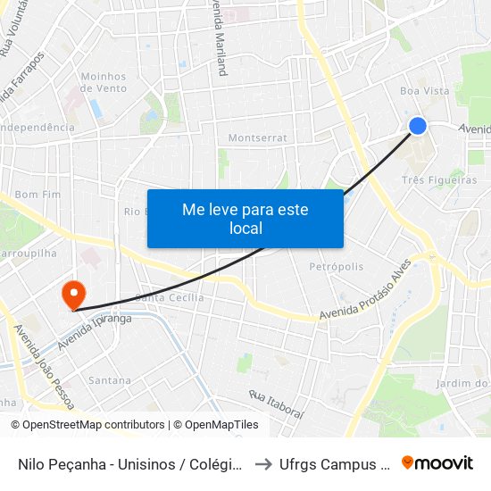 Nilo Peçanha - Unisinos / Colégio Anchieta to Ufrgs Campus Saúde map