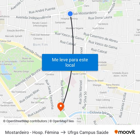 Mostardeiro - Hosp. Fêmina to Ufrgs Campus Saúde map