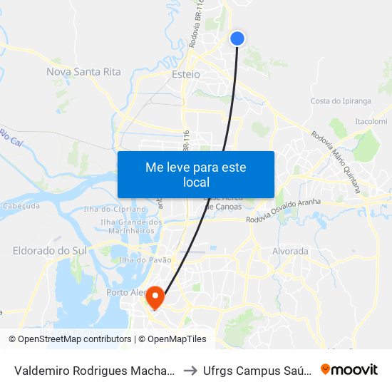 Valdemiro Rodrigues Machado to Ufrgs Campus Saúde map