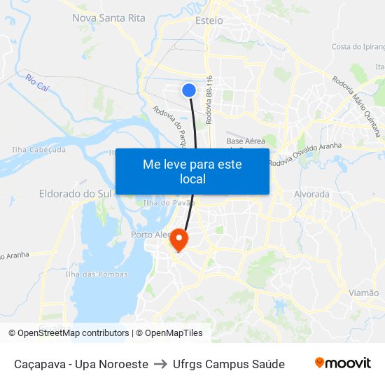 Caçapava - Upa Noroeste to Ufrgs Campus Saúde map