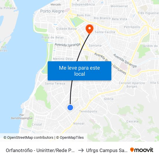 Orfanotrófio - Uniritter/Rede Pampa to Ufrgs Campus Saúde map