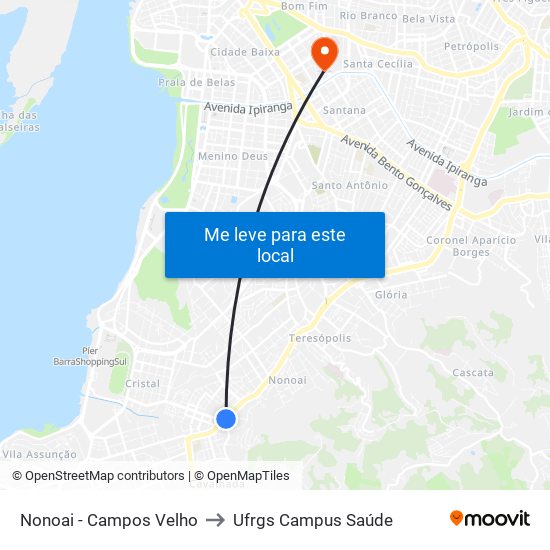 Nonoai - Campos Velho to Ufrgs Campus Saúde map