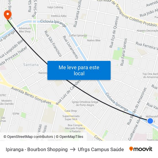Ipiranga - Bourbon Shopping to Ufrgs Campus Saúde map