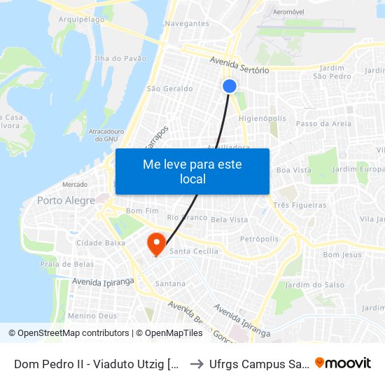 Dom Pedro II - Viaduto Utzig [Norte] to Ufrgs Campus Saúde map