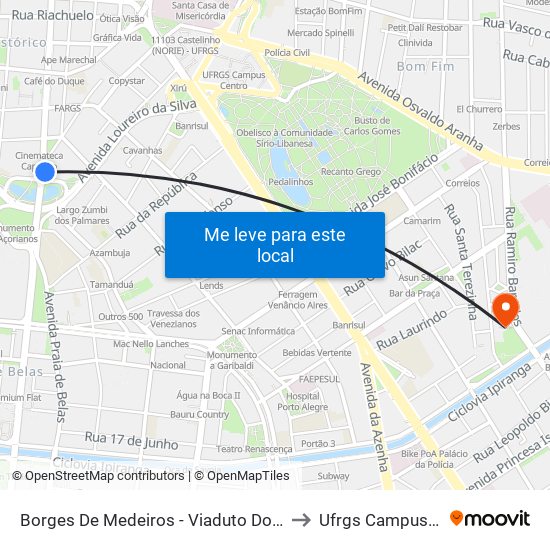 Borges De Medeiros - Viaduto Dos Açorianos to Ufrgs Campus Saúde map