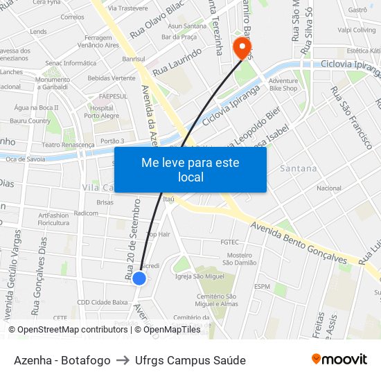 Azenha - Botafogo to Ufrgs Campus Saúde map