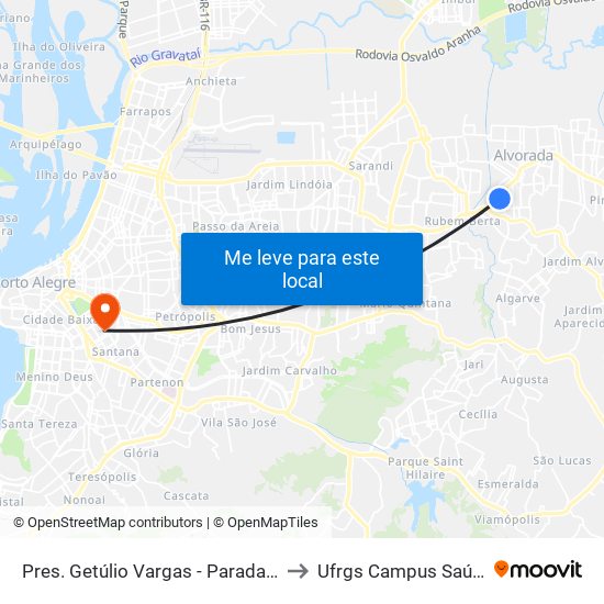 Pres. Getúlio Vargas - Parada 44 to Ufrgs Campus Saúde map