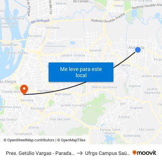 Pres. Getúlio Vargas - Parada 49 to Ufrgs Campus Saúde map
