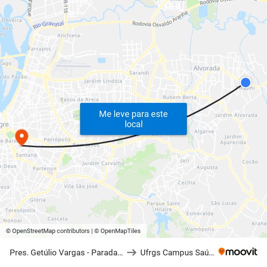 Pres. Getúlio Vargas - Parada 60 to Ufrgs Campus Saúde map