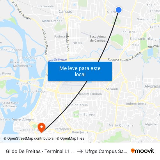 Gildo De Freitas - Terminal L1 / L2 to Ufrgs Campus Saúde map