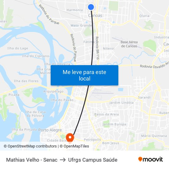 Mathias Velho - Senac to Ufrgs Campus Saúde map