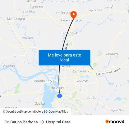 Dr. Carlos Barbosa to Hospital Geral map