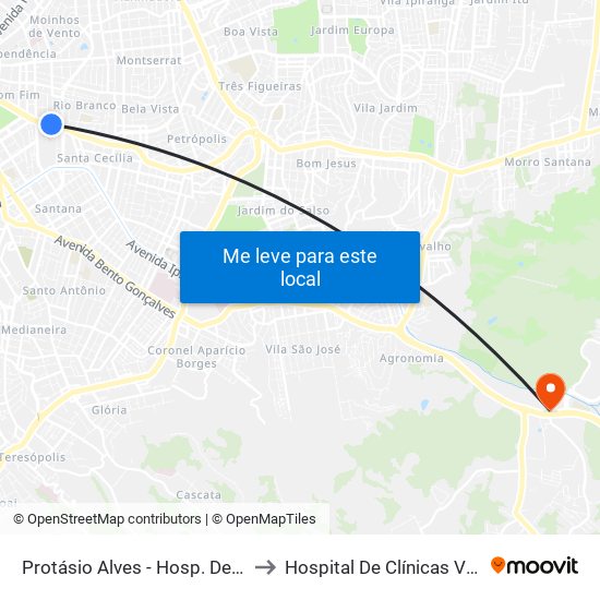 Protásio Alves - Hosp. De Clínicas Cb to Hospital De Clínicas Veterinárias map