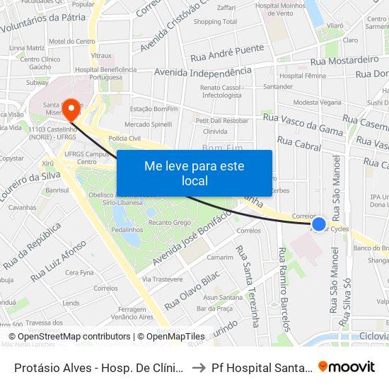 Protásio Alves - Hosp. De Clínicas Cb to Pf Hospital Santa Rita map