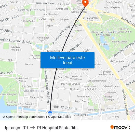 Ipiranga - Trt to Pf Hospital Santa Rita map