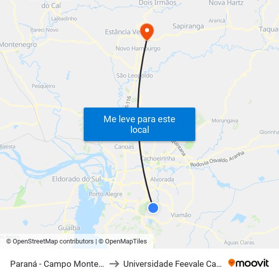 Paraná - Campo Monte Alegre to Universidade Feevale Campus II map