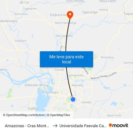 Amazonas - Cras Monte Alegre to Universidade Feevale Campus II map