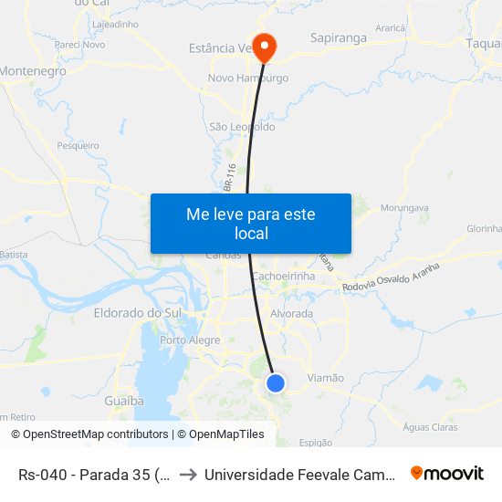 Rs-040 - Parada 35 (Big) to Universidade Feevale Campus II map
