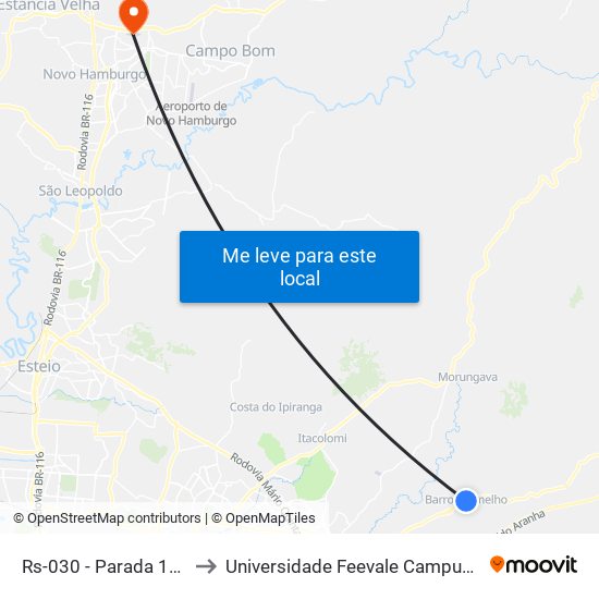 Rs-030 - Parada 103 to Universidade Feevale Campus II map