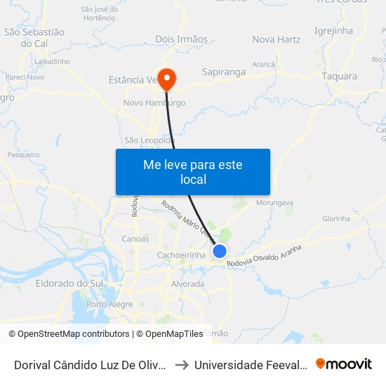 Dorival Cândido Luz De Oliveira - Parada 75 to Universidade Feevale Campus II map