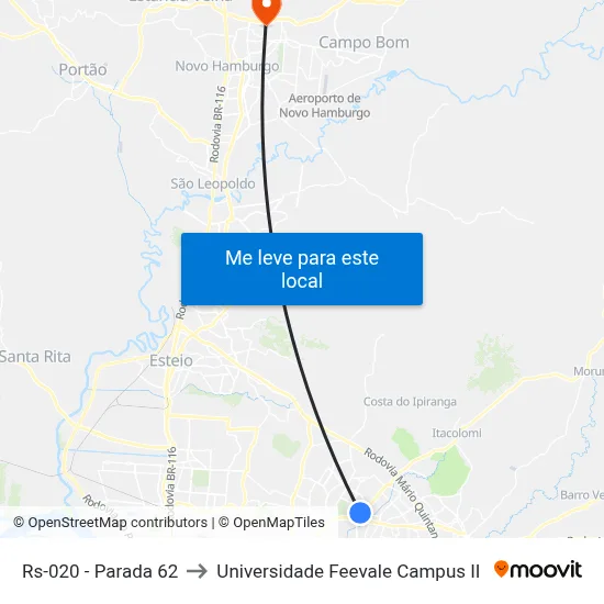Rs-020 - Parada 62 to Universidade Feevale Campus II map