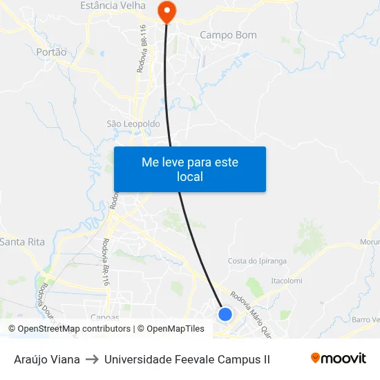 Araújo Viana to Universidade Feevale Campus II map