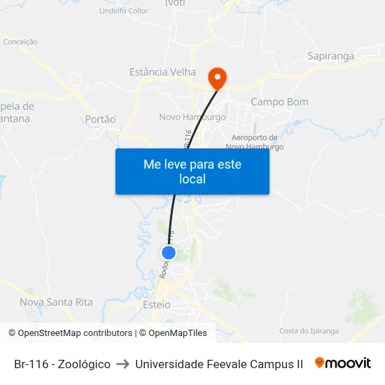 Br-116 - Zoológico to Universidade Feevale Campus II map