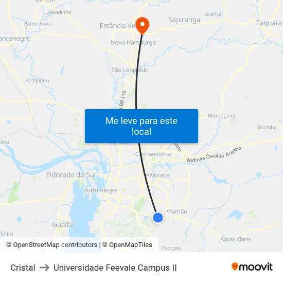 Cristal to Universidade Feevale Campus II map