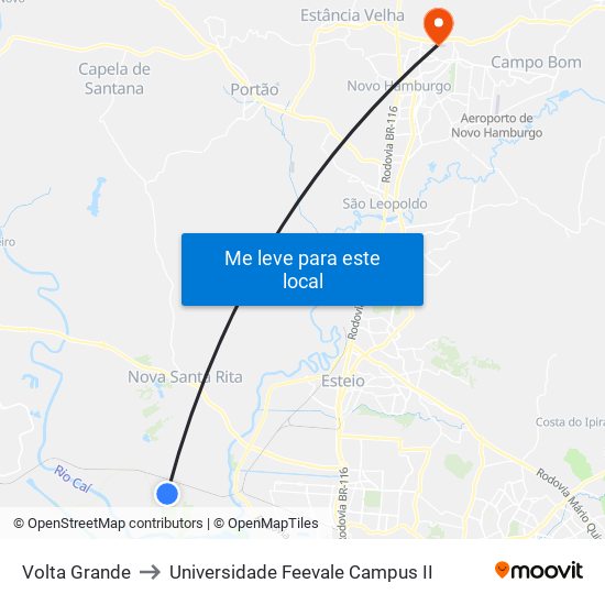 Volta Grande to Universidade Feevale Campus II map