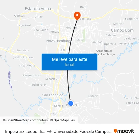 Imperatriz Leopoldina to Universidade Feevale Campus II map