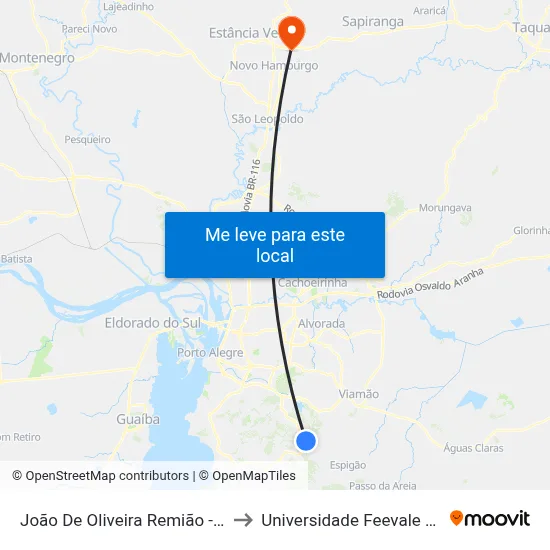João De Oliveira Remião - Parada 19 to Universidade Feevale Campus II map