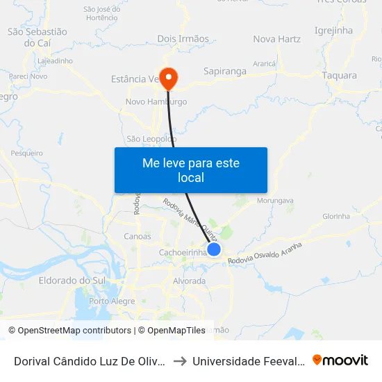 Dorival Cândido Luz De Oliveira - Parada 72 to Universidade Feevale Campus II map