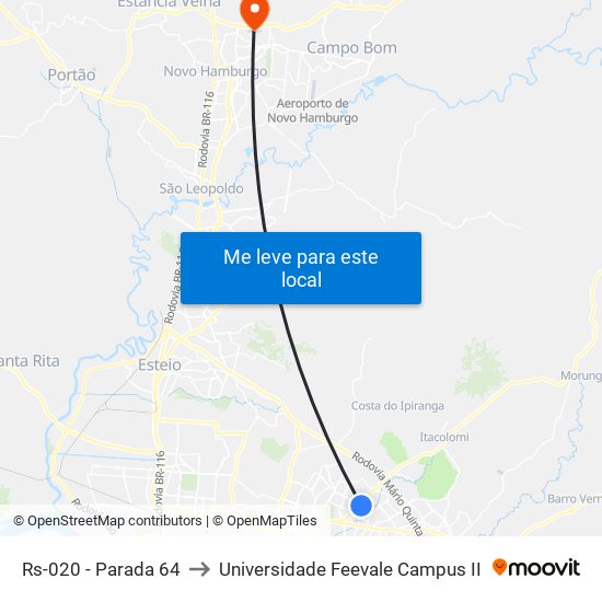 Rs-020 - Parada 64 to Universidade Feevale Campus II map