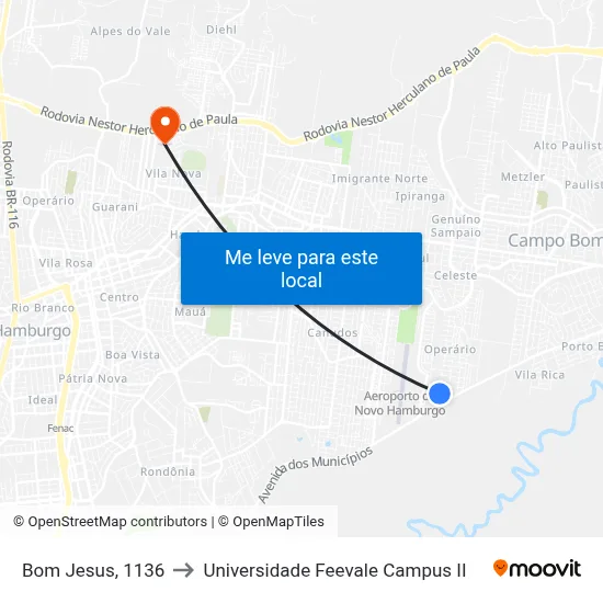 Bom Jesus, 1136 to Universidade Feevale Campus II map