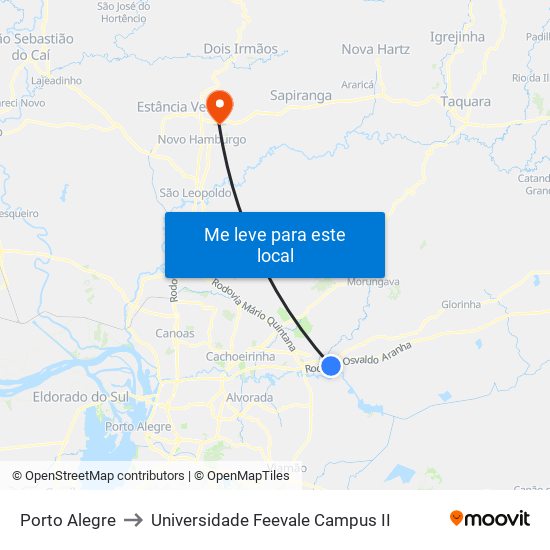 Porto Alegre to Universidade Feevale Campus II map