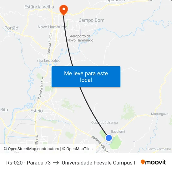 Rs-020 - Parada 73 to Universidade Feevale Campus II map