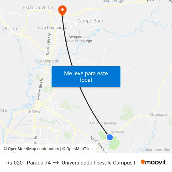 Rs-020 - Parada 74 to Universidade Feevale Campus II map