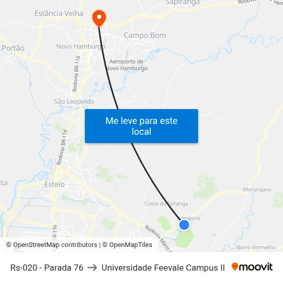 Rs-020 - Parada 76 to Universidade Feevale Campus II map