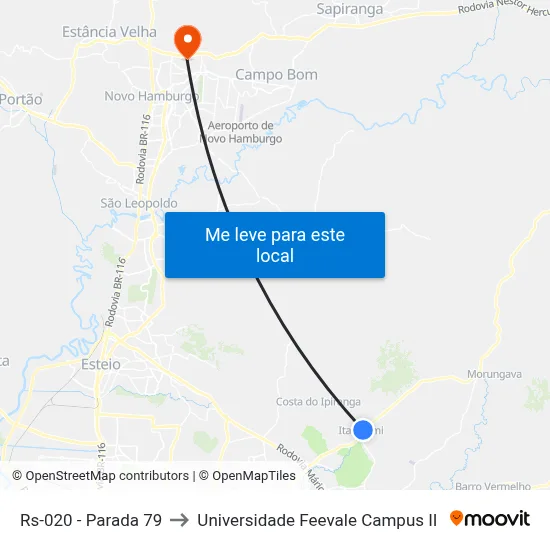 Rs-020 - Parada 79 to Universidade Feevale Campus II map