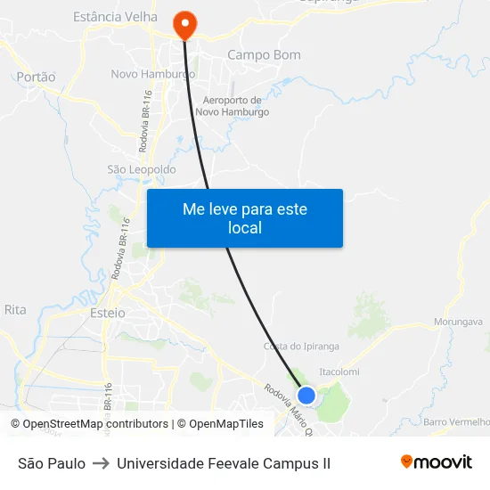 São Paulo to Universidade Feevale Campus II map