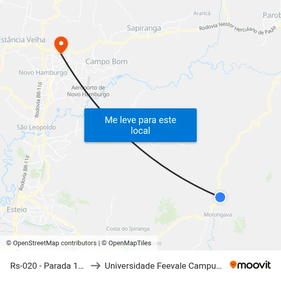 Rs-020 - Parada 100 to Universidade Feevale Campus II map