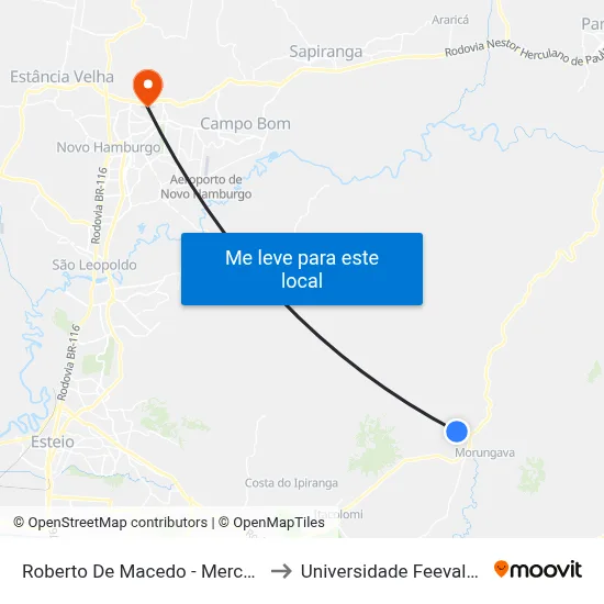 Roberto De Macedo - Mercado Cerro Azul to Universidade Feevale Campus II map