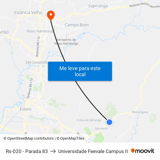 Rs-020 - Parada 83 to Universidade Feevale Campus II map