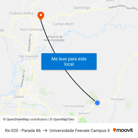 Rs-020 - Parada 86 to Universidade Feevale Campus II map