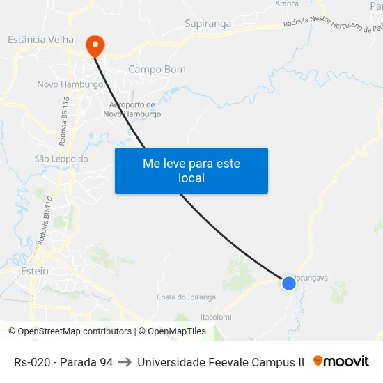 Rs-020 - Parada 94 to Universidade Feevale Campus II map
