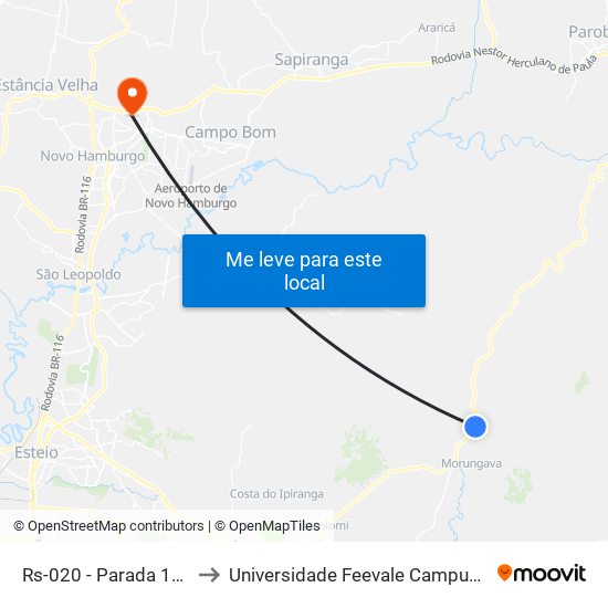 Rs-020 - Parada 100 to Universidade Feevale Campus II map