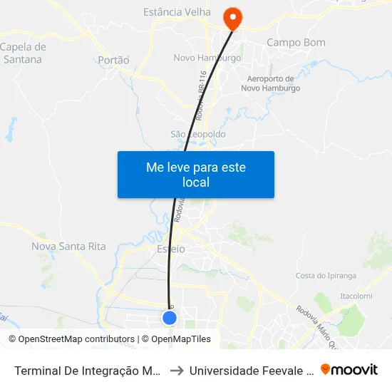 Terminal De Integração Mathias Velho to Universidade Feevale Campus II map